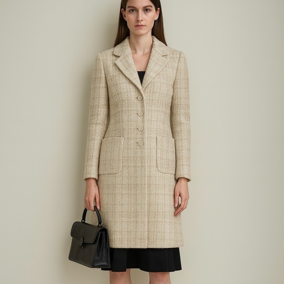 Banana Republic Overcoat Womens Size Small Plaid Beige Wool Trench Dress Coat - Picture 1 of 16